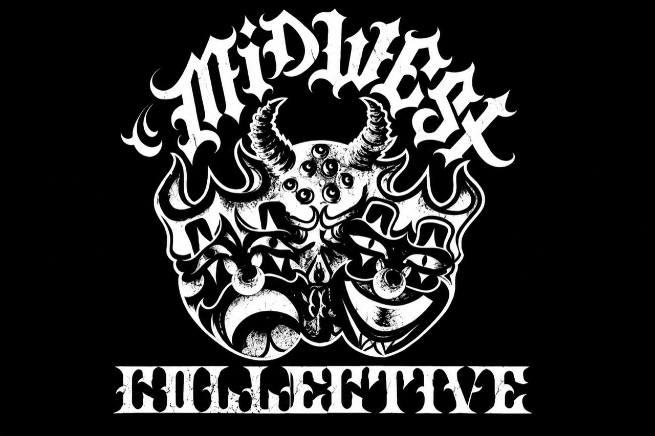 Midwest Collective artwork with gothic lettering and illustrated theatrical masks